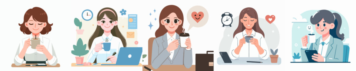 vector of a female employee drinking coffee in the morning