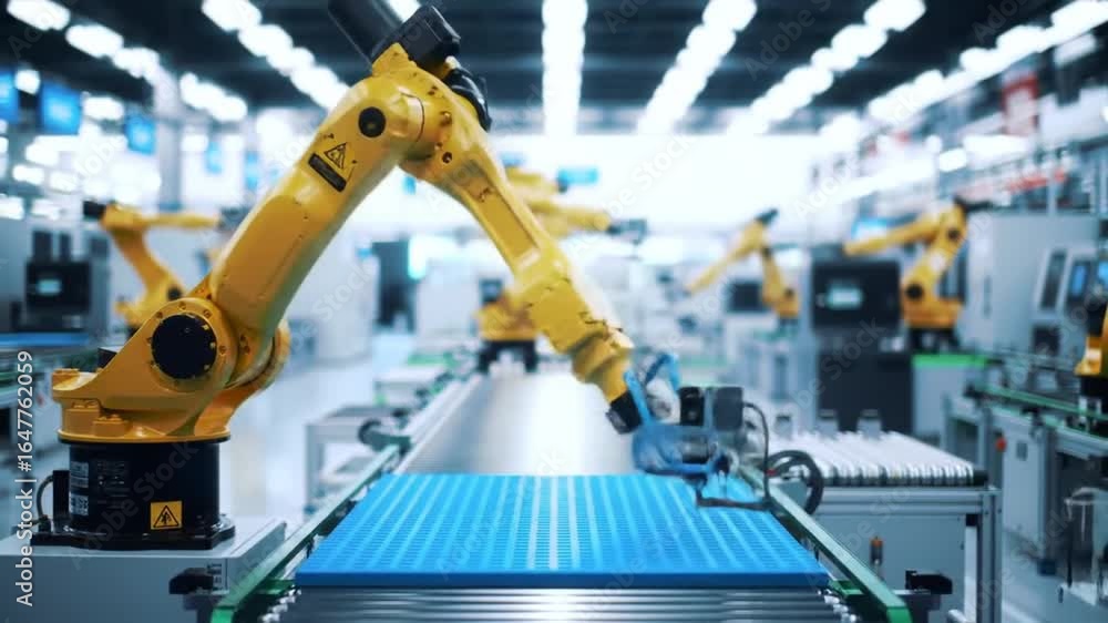 Poster automated assembly line with yellow robotic arms in modern factory setting with blue accents