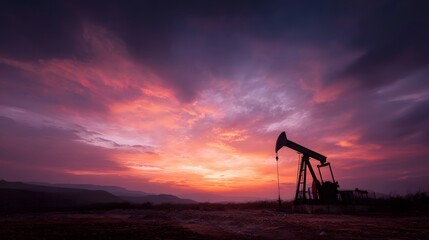 Oil pump jack operating in desert field at dramatic sunset