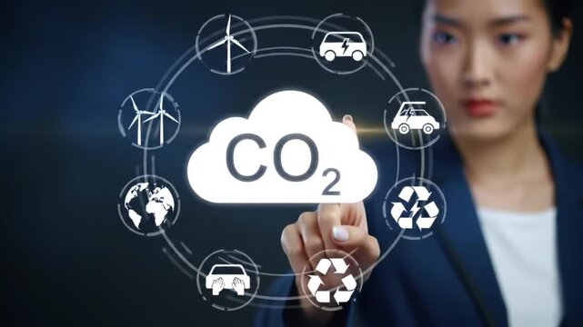 Asian Woman Touches Co2 Emission Reduction Graphic with Wind Turbine and Globe Icons