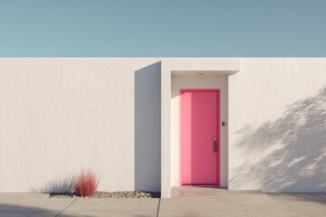 Neon pink modern front door framed by white wall in bright daylight