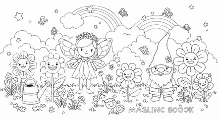 Enchanting Black and White Illustration of a Fairy, Gnome, and Friendly Flowers in a Magical Garden Scene