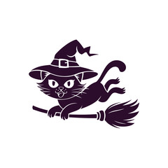 Halloween Black Cat Silhouette Wearing Witch Hat Flying on Broomstick