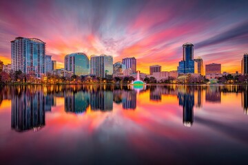 Naklejka premium City skyline reflected in a calm lake at sunset