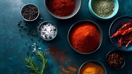 Variety of colorful spices and herbs in bowls arranged on dark textured table