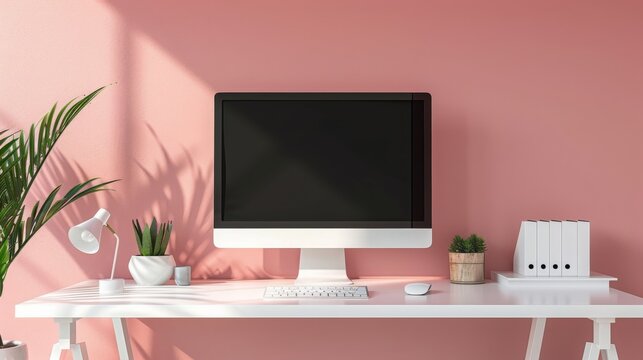 Stylish and modern workspace with pink wall, perfect for showcasing a creative professional's office