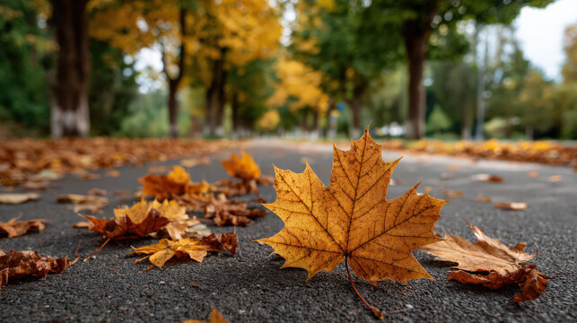 Golden maple leaf on asphalt road with scattered autumn leaves, surrounded by vibrant trees in peaceful park, capturing calm and beauty of fall season