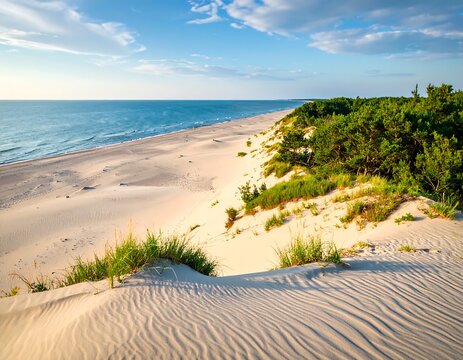 Coastal dunes meet a sandy beach under a partly cloudy sky