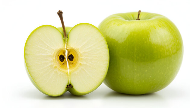 Vibrant green apple sliced in half revealing juicy interior, whole fruit nearby