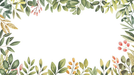 Fototapeta premium Watercolor leaves and berries frame with a black background in the center