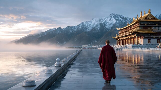 A serene scene featuring a monk walking along a waterfront with a traditional temple and snow-capped mountains in the background at sunrise. - Powered by Adobe