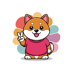 Cute Shiba Inu Dog Wearing Pink Shirt Cartoon Illustration Showing Peace Sign
