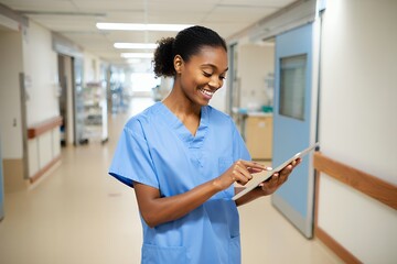 A smiling Black female nurse in blue scrubs uses a digital tablet while standing in a bright hospital hallway.