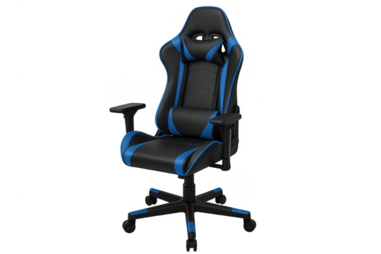 Modern black and blue gaming chair on transparent background