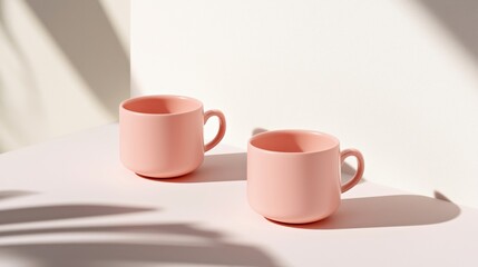 Two pastel pink ceramic mugs are placed on a soft pink surface, casting gentle shadows, creating a serene and minimalist aesthetic perfect for modern design concepts