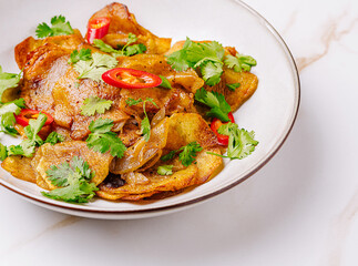 Crispy potato dish with herbs and chili garnishing on a white plate