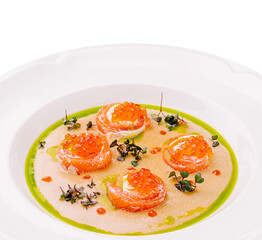 Delicate salmon rolls served in a gourmet dish with vibrant sauce
