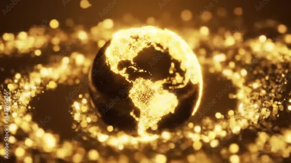Poster elegant golden world globe rotating with digital dot pattern on dark background