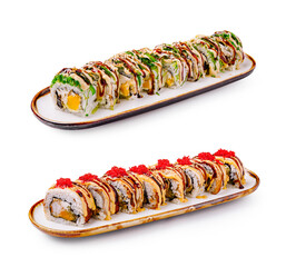 Sushi rolls arranged artfully on elegant plates with vibrant colors and textures