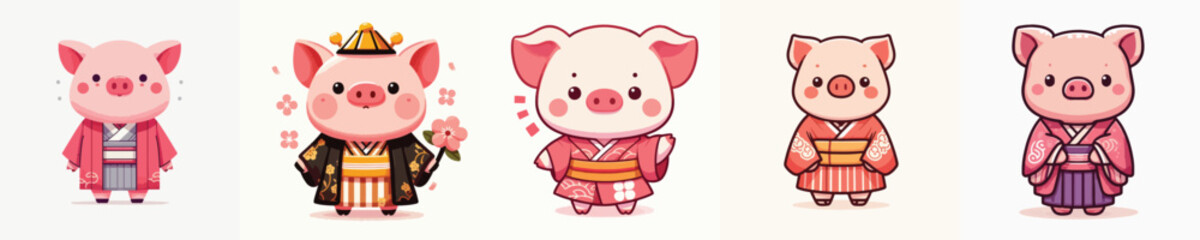 cute pig vector in kimono costume