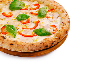 Delicious chicken pizza topped with fresh basil and red peppers for lunch
