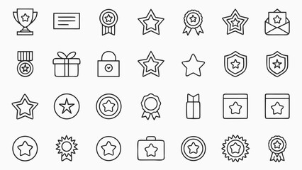 Collection of Modern Minimalist Line Art Star Icons: Awards, Achievements, Success, and Excellence Symbols for Web and App Design.