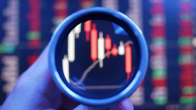 Financial Stock Market Chart Decreasing Shown Through Magnifying Glass in Blue Red Background