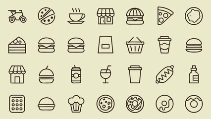 Collection of Minimalist Line Art Food and Beverage Icons:  Restaurant, Cafe, Delivery, Drinks, Burgers, Pizza, Sweets, and Bakery Items; Perfect for Website, App, or Menu Design.