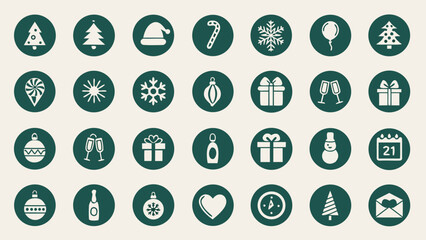 Collection of Festive Teal Circle Christmas Icons:  Winter Holiday Symbols,  Gift Presents,  Trees, Snowflakes,  Champagne Flutes,  Ornaments, and More for Digital Design Projects.