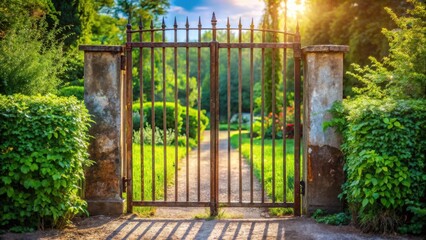 Obraz premium Rustic iron gate leading to a vibrant garden path, bathed in warm sunlight, offering a tranquil escape into nature's embrace.