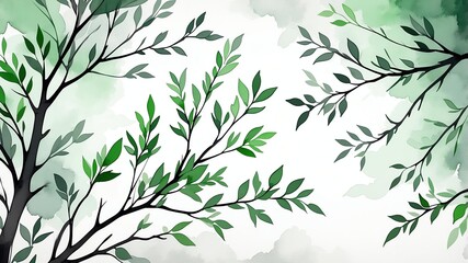 Abstract watercolor style art combination of art gray and green themed background. Tree branches textured art with sense of colors