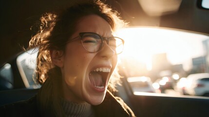 Laughing and crying mix expression of driver during emotional overload Image 4K UHD