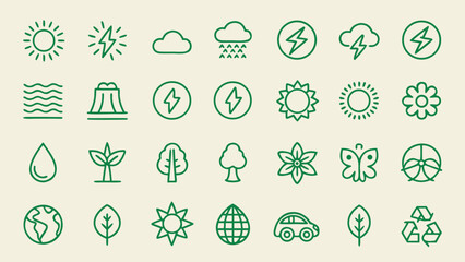 Fototapeta premium Collection of Green Line Art Icons: Nature, Energy, and Sustainability Symbols for Eco-Friendly Designs, Websites, and Applications.