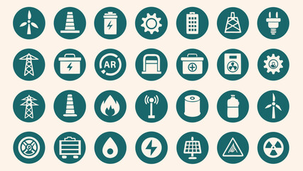 Collection of Teal Circular Icons: Energy, Industry, Technology, and Safety Symbols;  Clean, Modern, and Professional Design;  Perfect for Web or Print Applications.