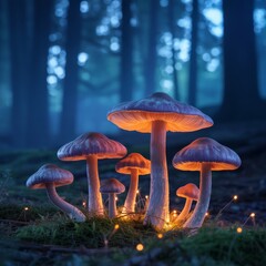 Fototapeta premium Glowing mushrooms in a mystical forest magical fantasy