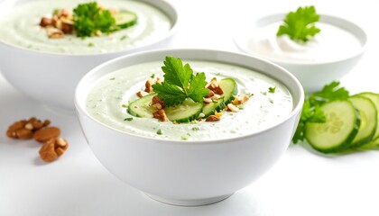Refreshing cucumber and yoghurt cold soup adorned with walnuts and fresh parsley