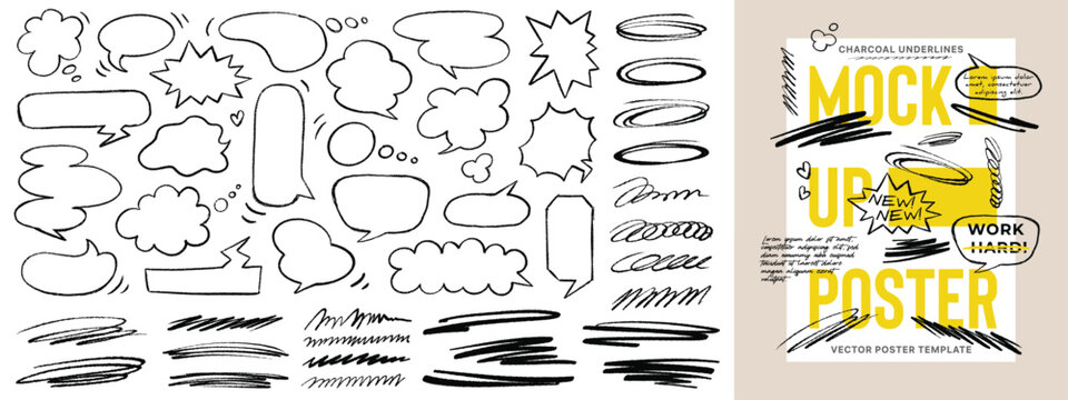 Hand-Drawn Charcoal Speech Bubbles and Scribble Underlines. Vector Comic Elements with Poster Mockup