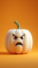 Creative fluffy white pumpkin with angry expression against vibrant orange background