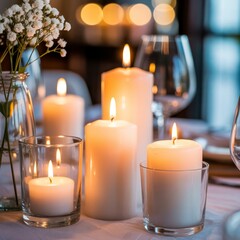 Glowing pillar candles and delicate white flowers vase