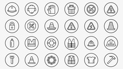 Fototapeta premium Collection of Minimalist Line Art Safety Icons: Construction, Industrial, and Workplace Safety Symbols for Web or Print Design Projects.