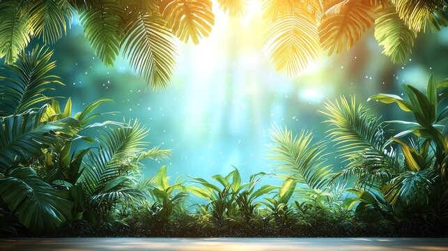 Lush jungle scene with sunlight filtering through foliage