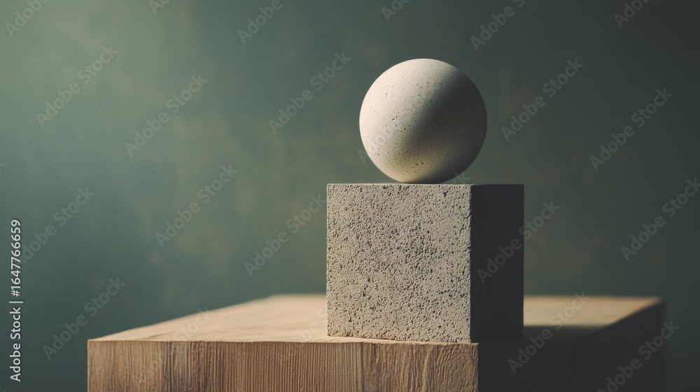 Poster minimal composition with white sphere balanced on stone block in soft lighting