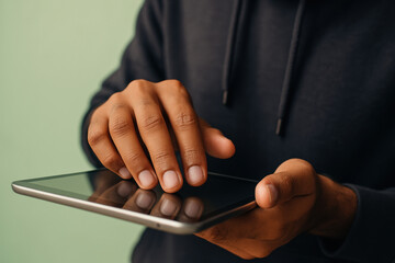 Close up of a person using a digital tablet, hand interacting with touchscreen interface on portable device against soft green background