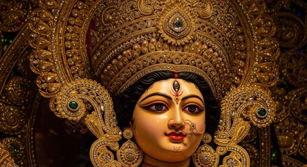 Golden Embellishments Grace Divine Goddess Durga's Majestic Visage