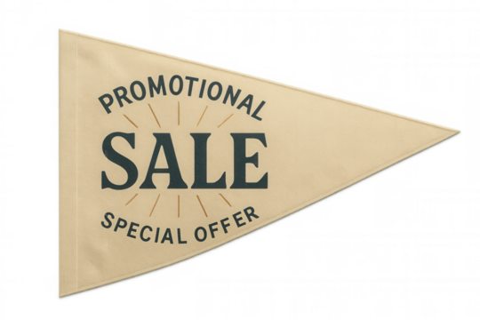 Beige pennant dangling with promotional sale text, transparent backdrop highlighting marketing messaging for business communication - Powered by Adobe
