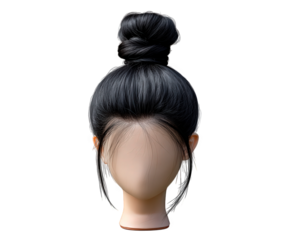 Realistic mannequin head with black twisted bun hairstyle, smooth skin, and no facial features, isolated on transparency background, modern hair display, calm and neutral expression