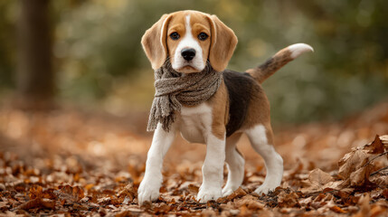Beagle puppy wearing cozy scarf walks through autumn leaves, displaying playful and curious expression in natural outdoor park setting with warm fall colors