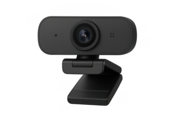 Black webcam on transparent background, featuring adjustable stand for optimal positioning