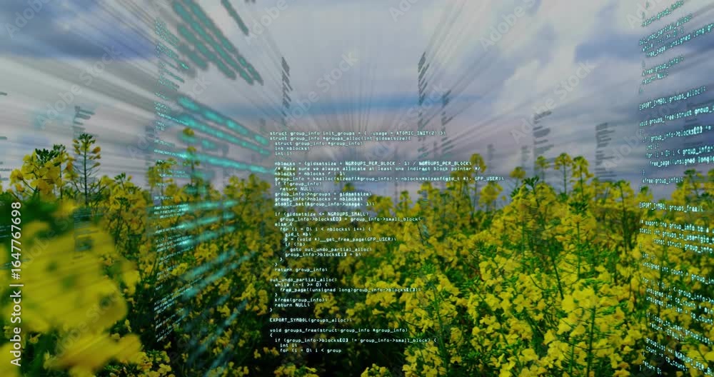 Poster digital code streams fading in above yellow flowering field after still view, visualizing data flow