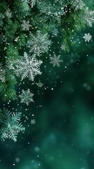 Winter wonderland with falling snowflakes and evergreen branches in a serene forest atmosphere
